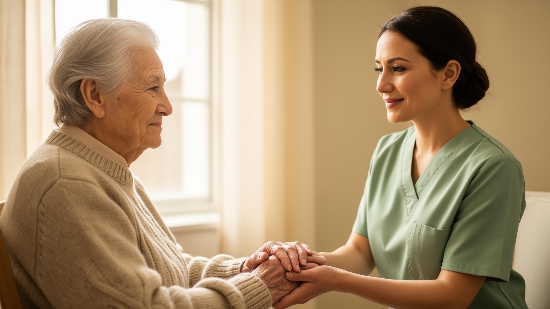 Compassionate caregiver with an older adult in a calm home setting